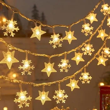 1.5 מ ' כוכבי פתיתי שלג אורות מחרוזת מופעל באמצעות סוללה חיצונית מחרוזת מנורה מסיבת חג המולד בית הגן עיצוב חתונה פיות אורות