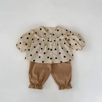 סתיו התינוק נקודות הדפס שרוול ארוך חולצות לבת לפרוע חופשי דק חולצות ילד ילדים כותנה מוצקים פשוטים מזדמנים מכנסיים