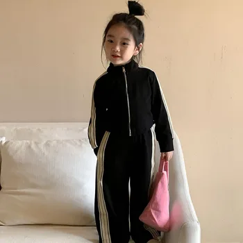 2023 סתיו חדש של בנות רוכסן הסווטשרט ילדים קוריאנים אלסטי העליון המכנסיים שני חתיכת קבוצה