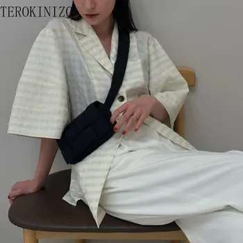 TEROKINIZO יפן סגנון האופנה נשים של מעילי תפנה למטה צווארון שרוול קצר רופף הלבשה עליונה הקיץ 2023 חדש הגעה מקרית מעילים