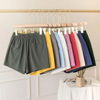 בקיץ כותנה פשתן נשים מכנסיים קצרים גבוהה המותניים רופף רחב הרגל מכנסיים קצרים מוצק צבע נשי אופנה מזדמן ספורט קצרים.