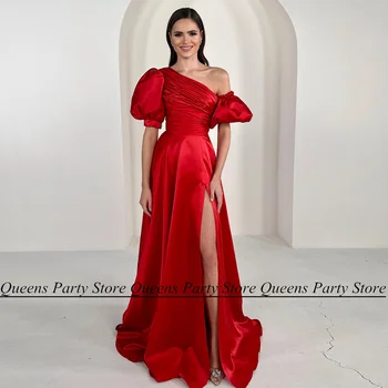 Weilinsha אדום שמלת ערב החלוק דה נשף כתף אחת קפלים גבוהה פיצול קו פשוט סאטן לנשף רשמי שמלת שמלות ערב