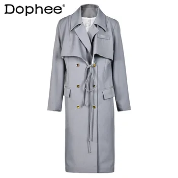 סגנון קוריאני Overknee מעילים נשים סתיו חורף חדשה כפול בעלות שרוכים נישה עיצוב ארוך מזג פראי טרנץ ' מעיל