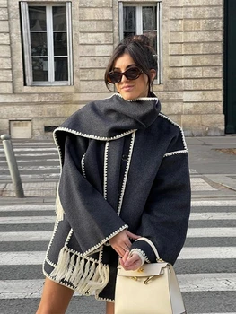 2023 סתיו אלגנטי של נשים עם מעיל צעיף נשי שרוול ארוך כיס יחיד עם חזה מעילי חורף חדש ליידי להאריך ימים יותר מעיל