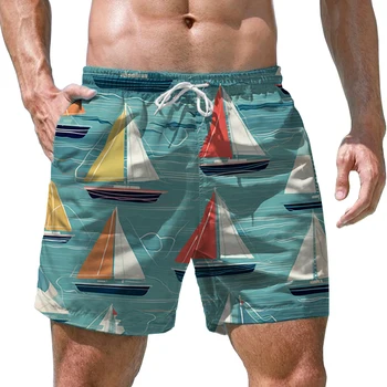 גברים קריקטורה הסירה 3D מודפס חוף מכנסיים קצרים מזדמנים אופנה מכנסיים קצרים החוף הוואי גלישה לשחות מכנסיים קצרים מכנסיים אופנתיים