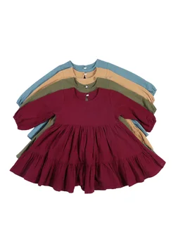 סגנון חדש הפעוט שמלה ארוכה שרוול כותנה לילדים השמלה מוצק צבע אירופאי ואמריקאי בנות אוברול שמלה